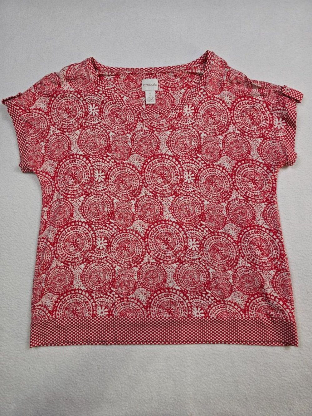 Chicos Coral Red & White Short Sleeve Top Patterned Size 2 Large